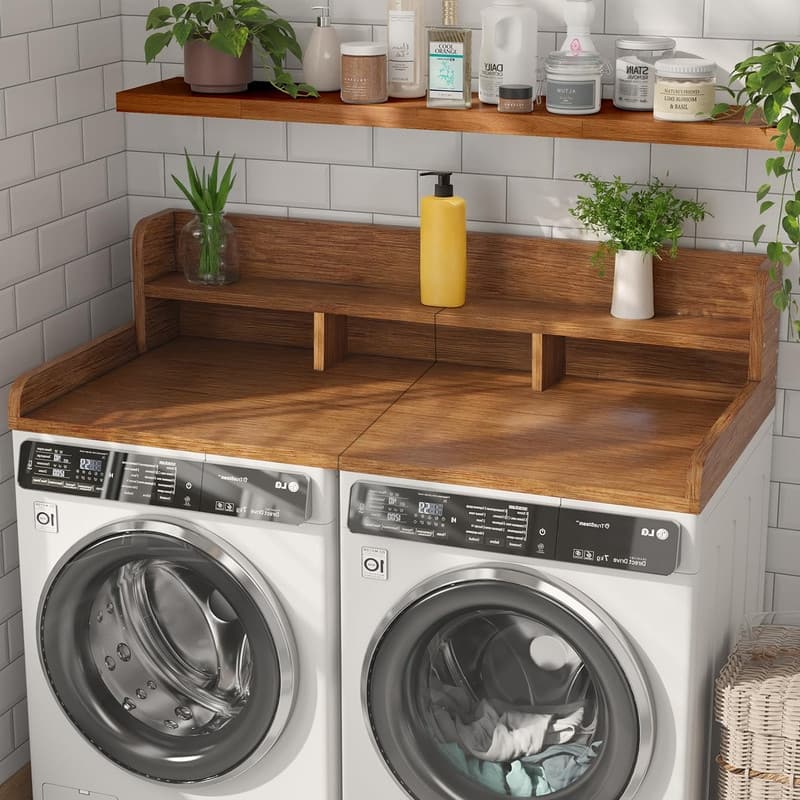 2-Tier Washer Dryer Countertop, 54" W x 27.5" D Laundry Countertop for Folding Clothes, Dual Storage & Edge Guard