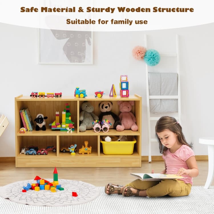 Children's Wooden Toy Storage Cabinet with 2 Shelves and 5 Cubes - 44" x 12" x 24" (L x W x H)