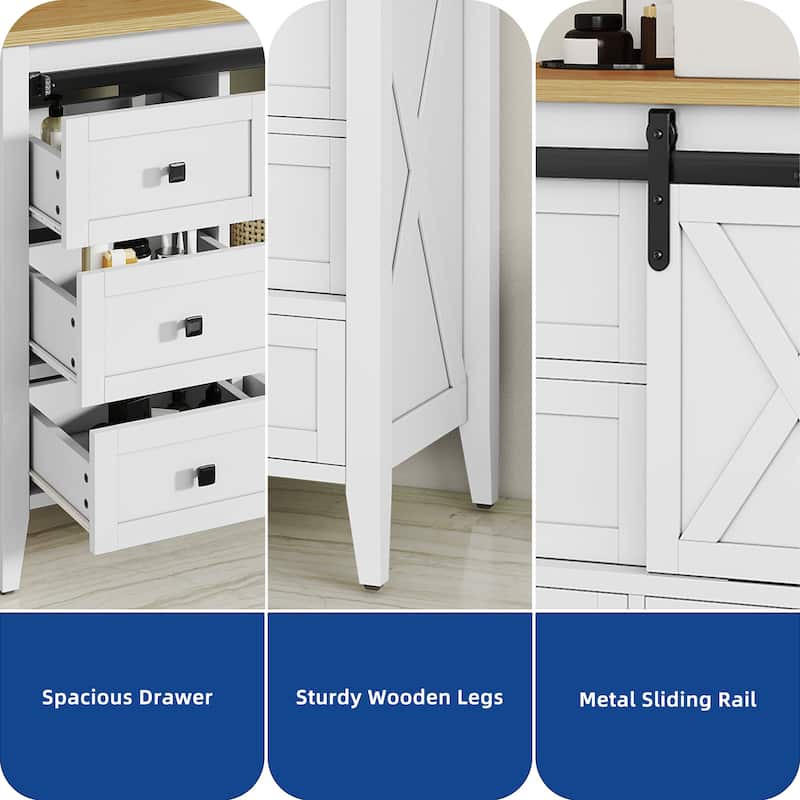 Moasis 48" Farmhouse Bathroom Vanity Cabinet with Ceramic Sink Basin and Sliding-Door Cabinet & 7 Drawers