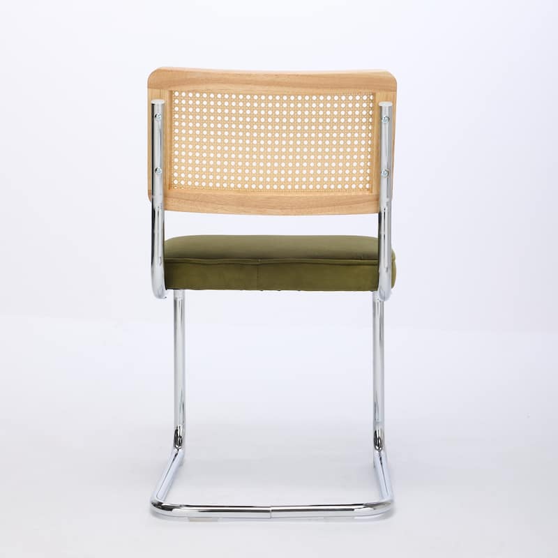 Mid-Century Modern Dining Chairs with Rattan Back and Stainless Chrome Base - Set of 2