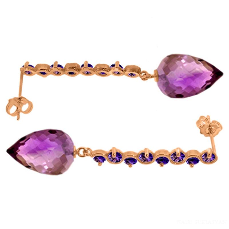 22.1 Carat 14K Solid Gold Drop Briolette Amethyst Gemstone Earrings