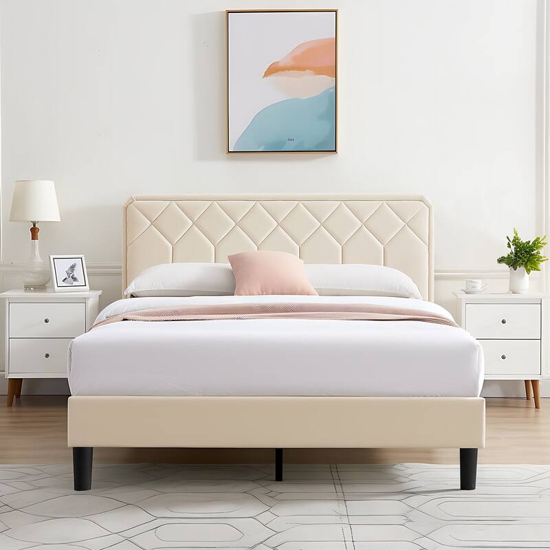 Upholstered Platform Bed Frame with Modern Adjustable Headboard, No Box Spring Needed - Beige - Full