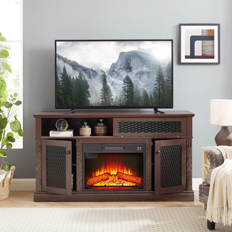 Embossed Pattern TV Stand for TVs Up to 65", Fireplace TV Stand with Storage Cabinet