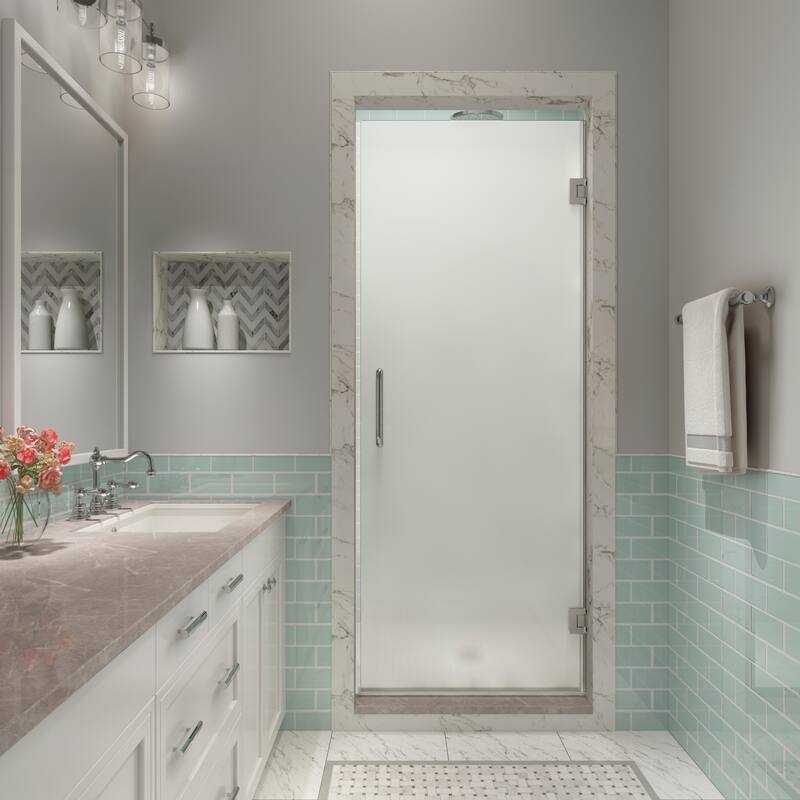 Kinkade XL 28.25 - 28.75 in x 80 in Frameless Hinged Shower Door with Ultra-Bright Frosted Glass