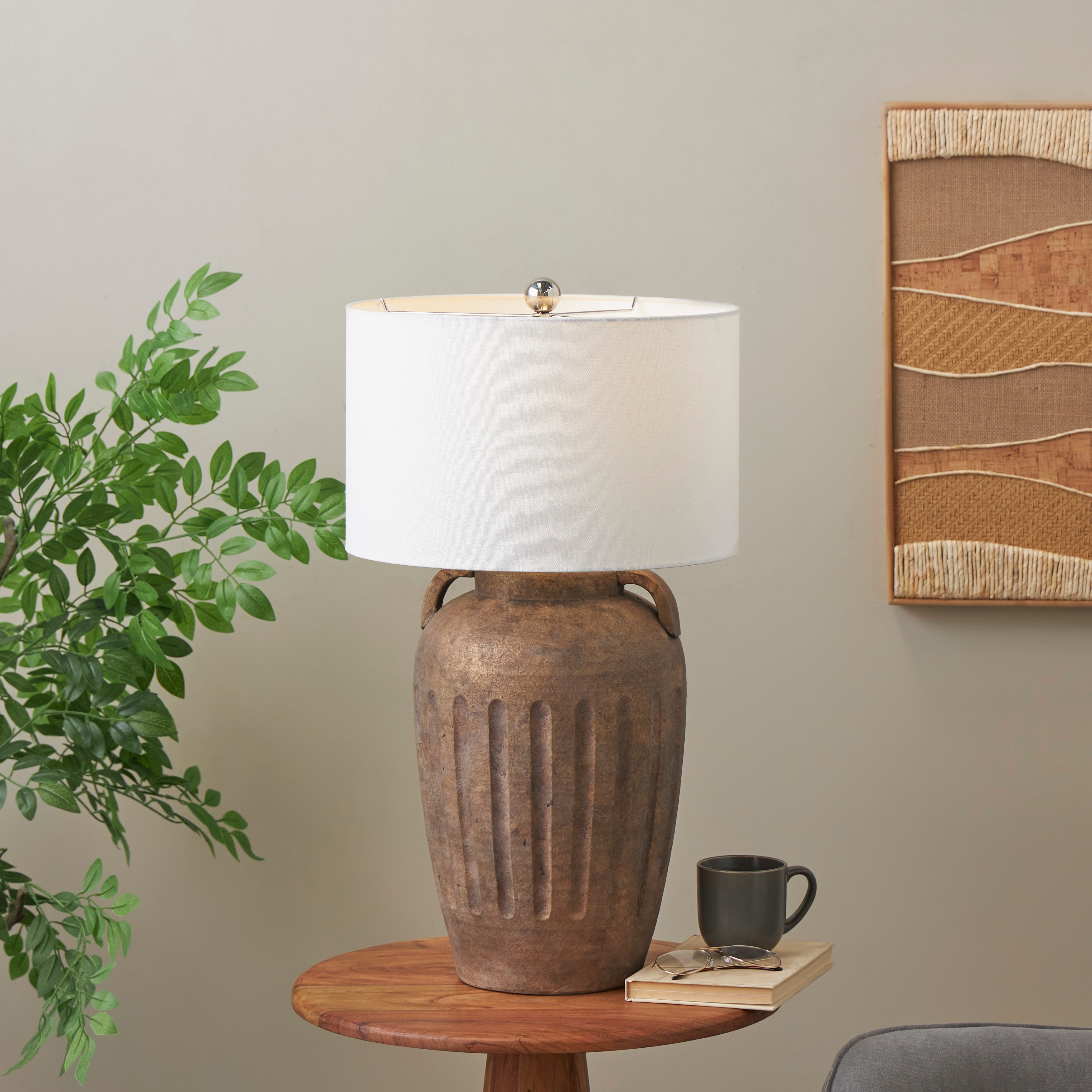Copper Black or Cream Ceramic Distressed Antique Style Pot Vase Table Lamp with Cream Linen Shade and Textured Grooves On Sale Bed Bath Beyond 40159996