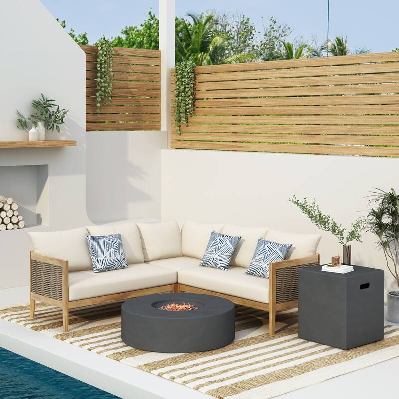 Burchett Outdoor Acacia Wood and Round Wicker 5 Seater Sectional Sofa Chat Set with Fire Pit by Christopher Knight Home - Dark Gray