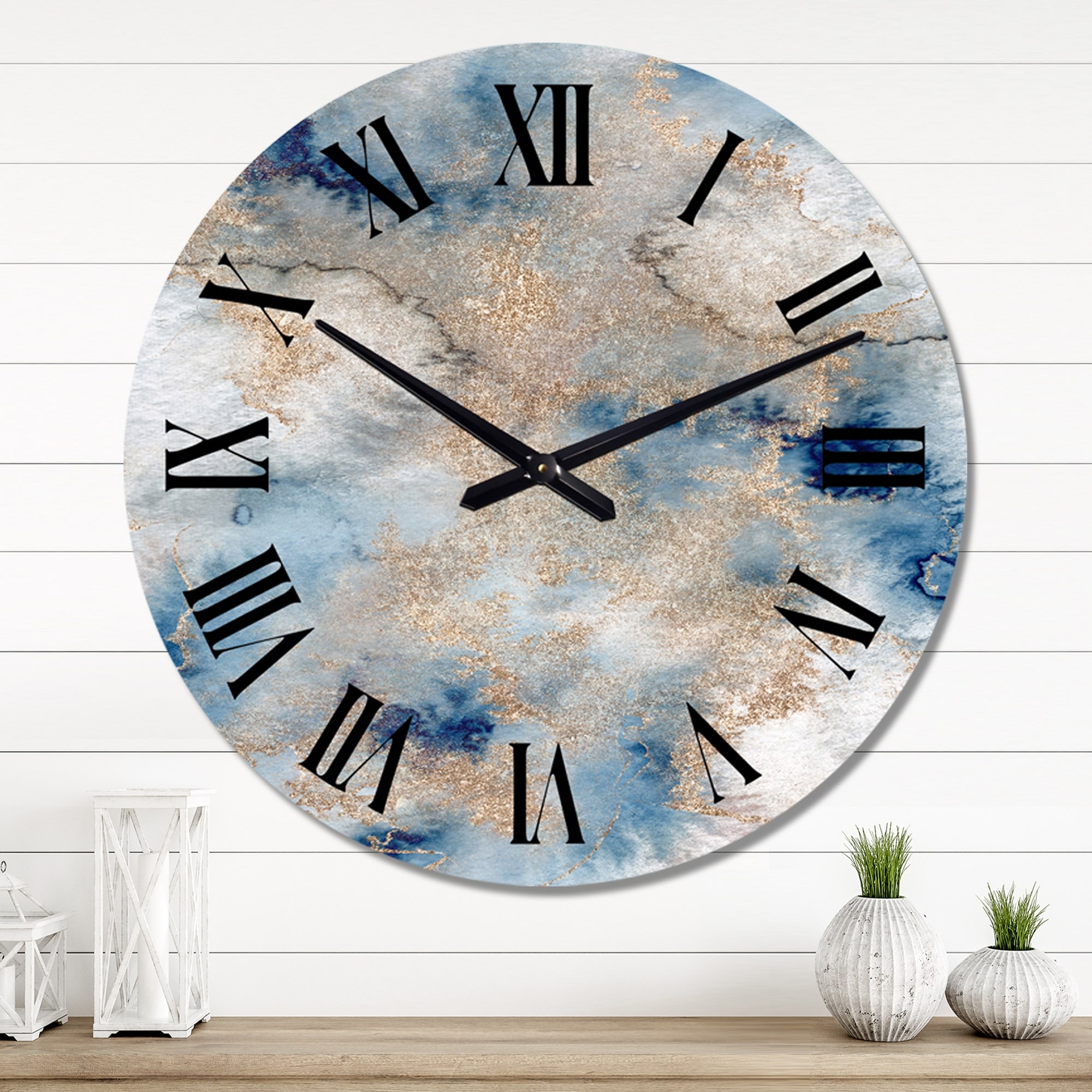 Designart 'Blue And Gold Marble Clouds I' Modern wall clock