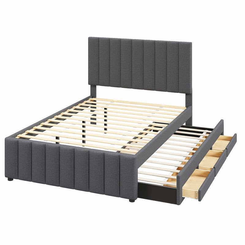 Full Size Linen Upholstered Bed Frame with Twin Trundle and 3 Storage Drawers, Space-Saving Furniture for Bedroom