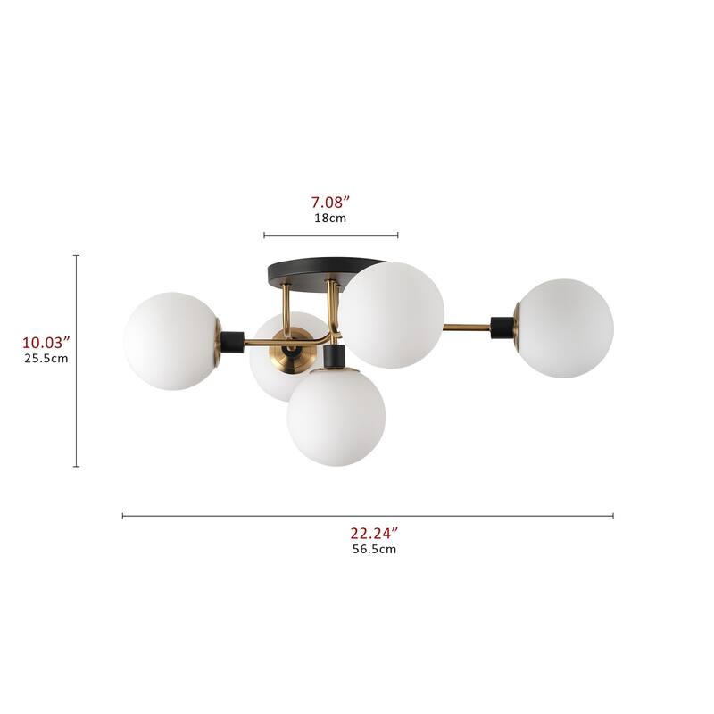 Matte Black 5-Light Semi Flush Mount Close to Ceiling Light with White Glass Shades
