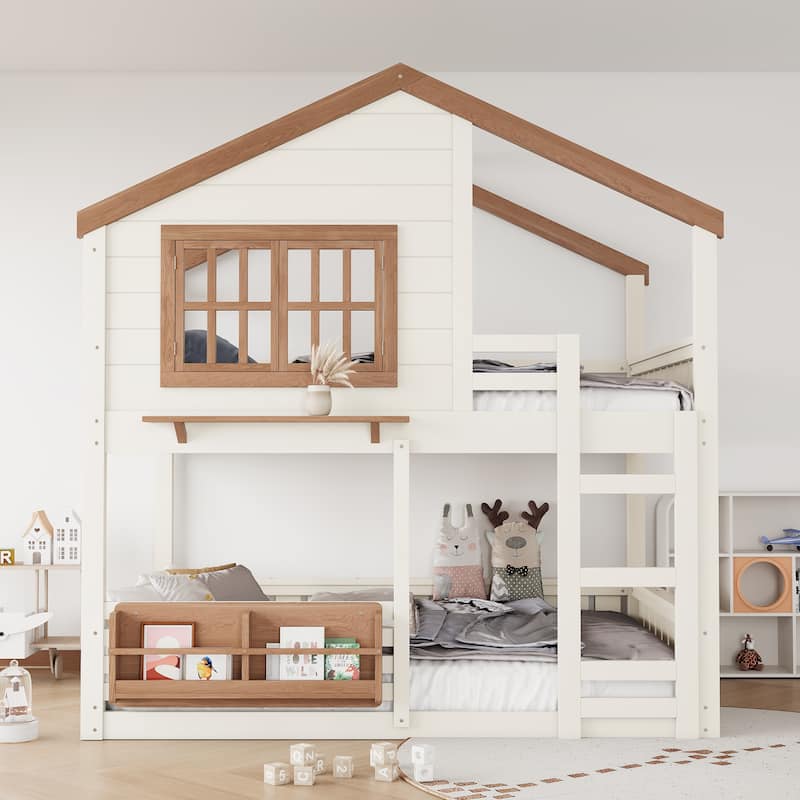 Fairytale House Bunk Bed Kids Loft Bed Frame with Bookshelf and Shelf - Beige - Full