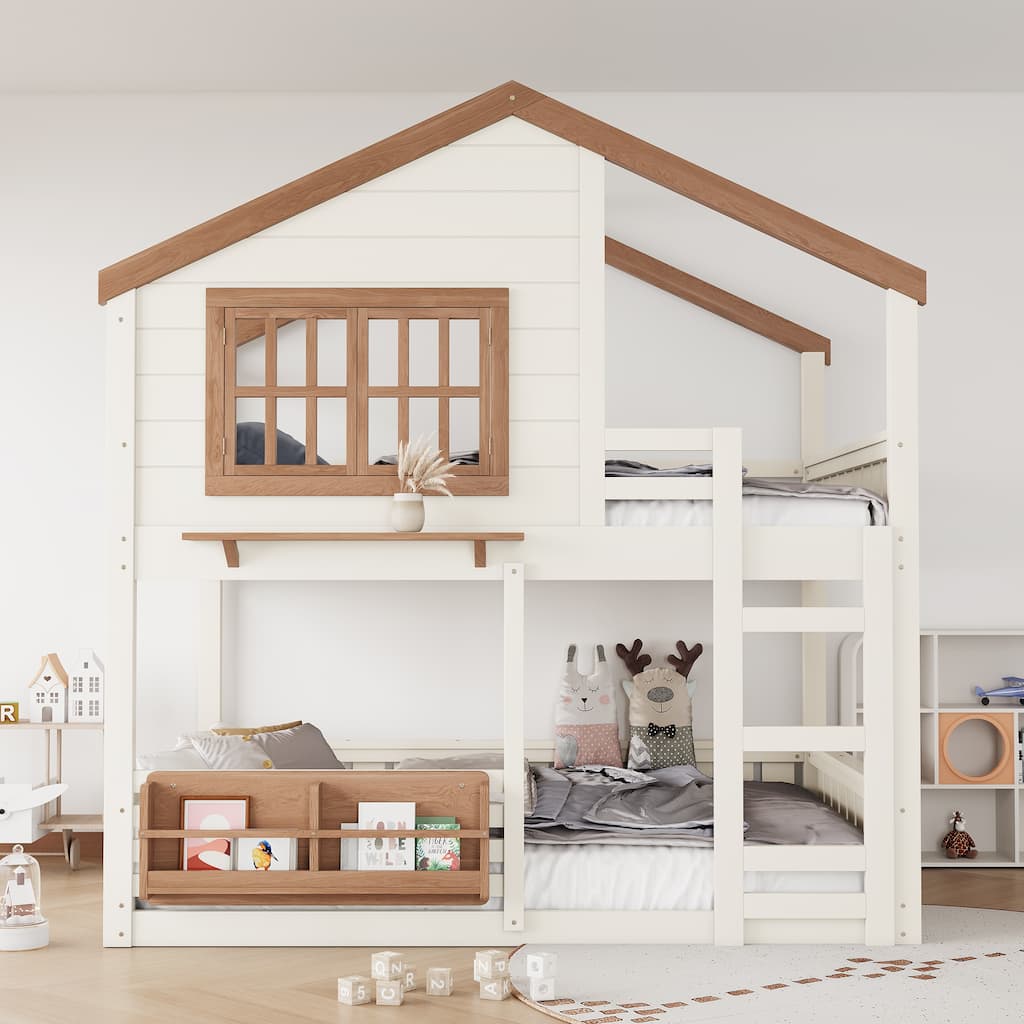 Fairytale House Bunk Bed Wood Loft Bed Frame with Bookshelf and Shelf