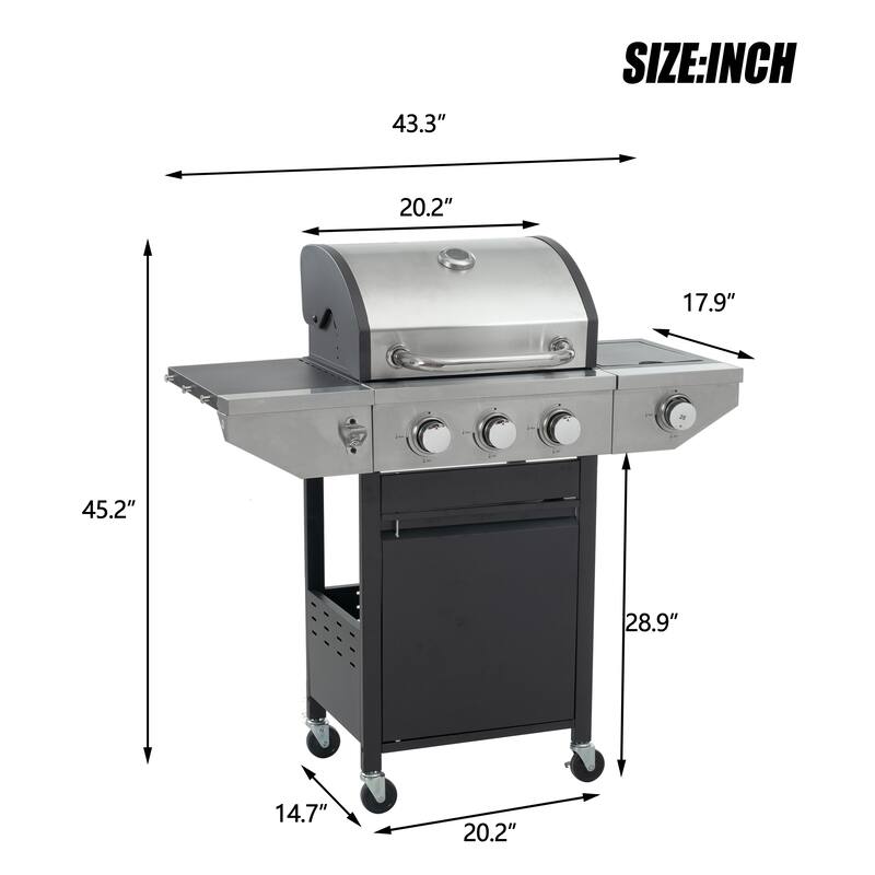 Propane Grill, 3 Burner Barbecue Grill with Side Burner and Electronic Ignition, Stainless Steel BBQ Grill with Wheels