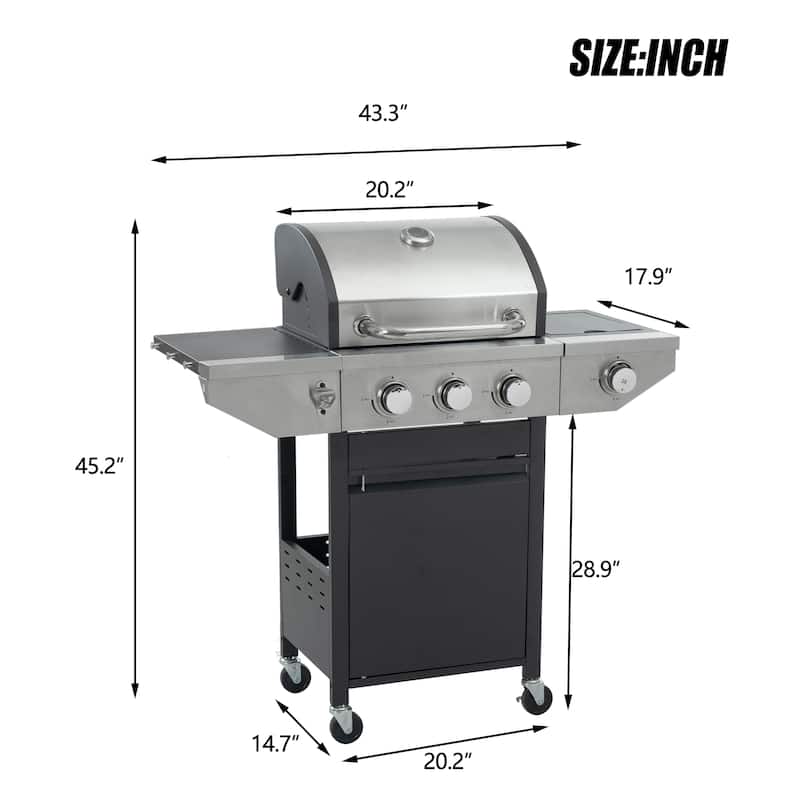 Propane Grill 3 Burner Barbecue Grill Stainless Steel Gas Grill with Side Burner, 37,000 BTU Outdoor Cooking