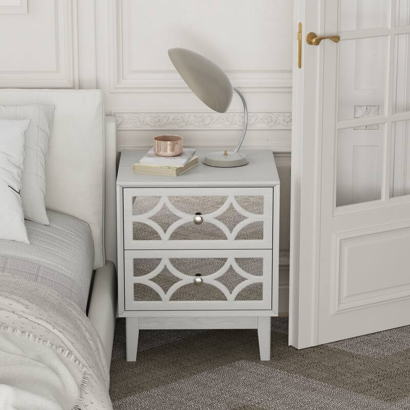 COZAYH Contemporary 2-Drawer Nightstand with Mirror Fronts, Elegant Geometric Design Bedside Table for Bedroom - Light Gray