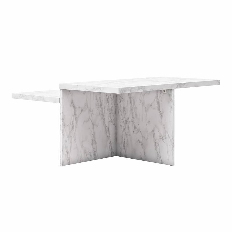 Roomfitters Brielle Square Two-Tier Coffee Table with Faux Marble Finish, Modern Design, White