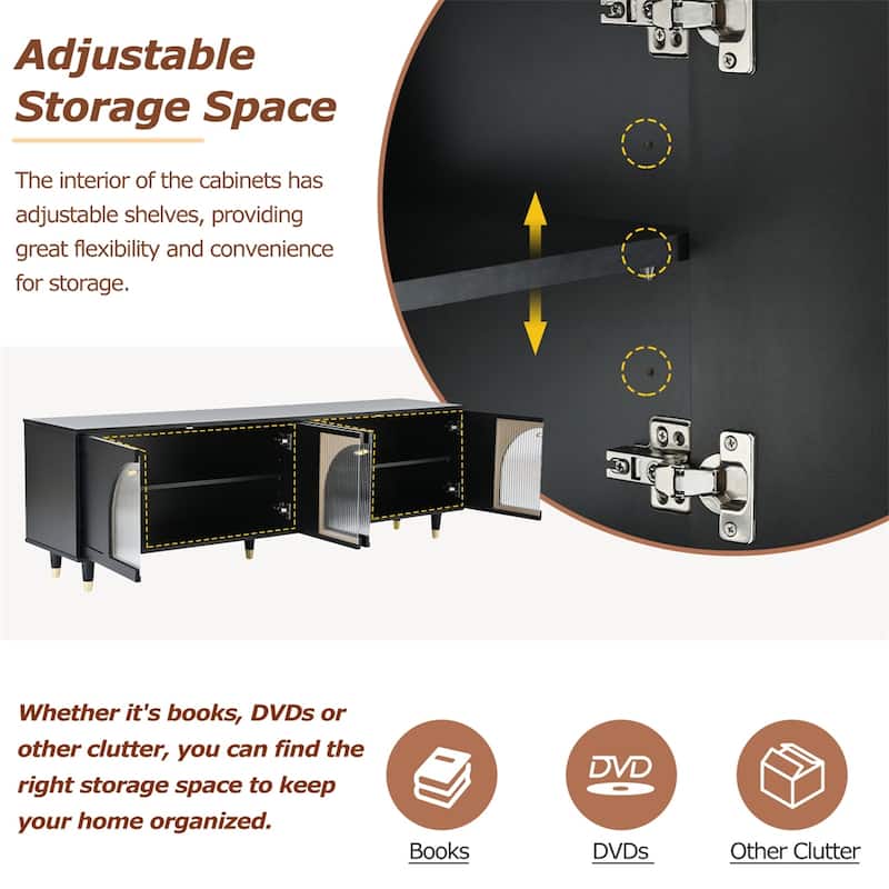 TV Stand with Gold Handles and Arch Fluted Glass Doors