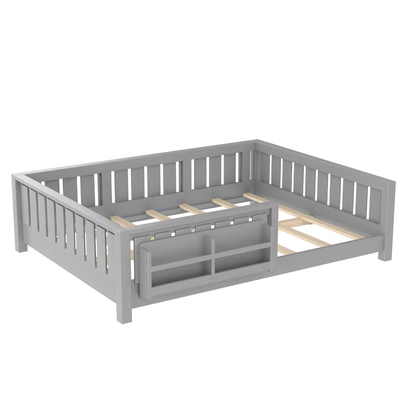 Low Profile Montessori Bed Floor Platform Bed with Fence and Bookshelf