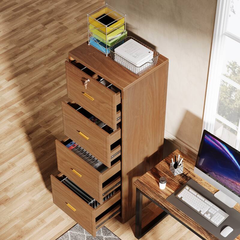 4-Drawer File Cabinet with Lock and Key, Vertical Wooden Filling Cabinet for A4/Letter/Legal Size Files