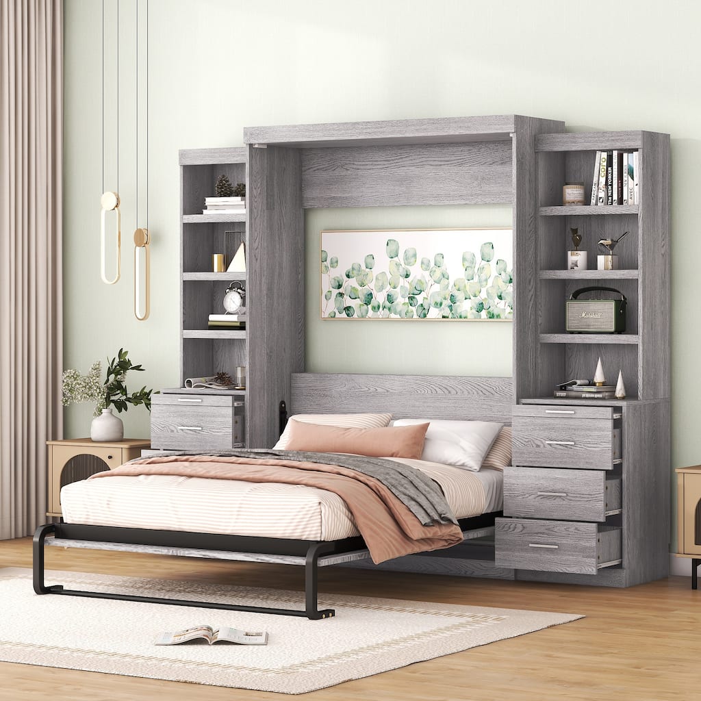 Space-Saving Full Size Murphy Bed with Storage Shelves and Drawers, Gray
