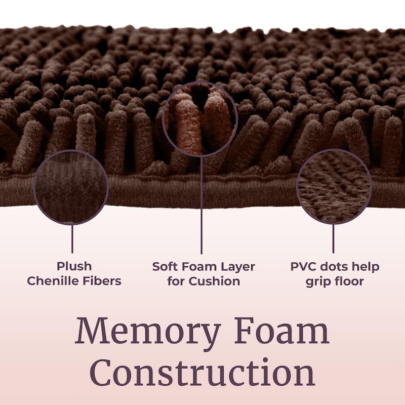 Bathroom Rugs - 2-Piece Memory Foam Bathroom Set with Chenille Shag Top and Non-Slip Base by Windsor Home