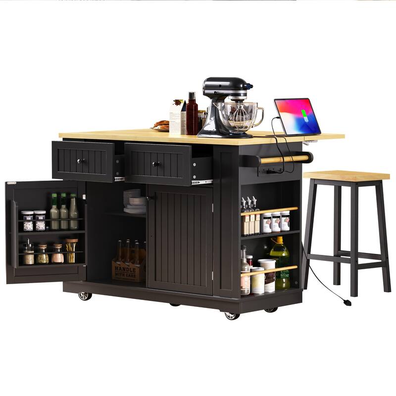 Kitchen Island with 2 Bar Stools, Drop Leaf and 2 Drawers