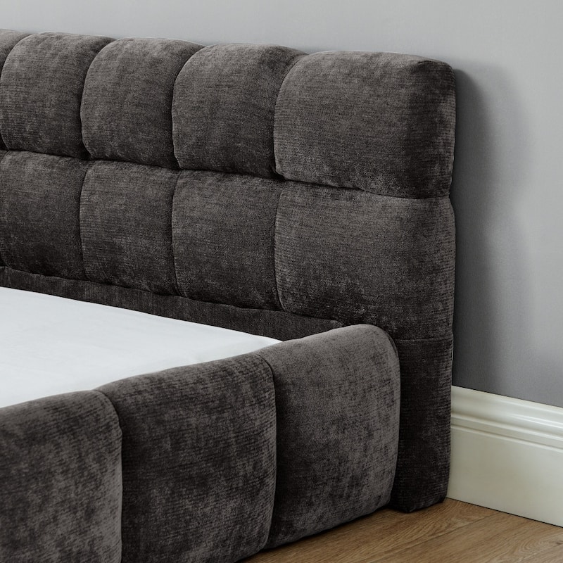 Chenille Fabric Grounded King Size Platform Bed with Headboard and Solid Frame