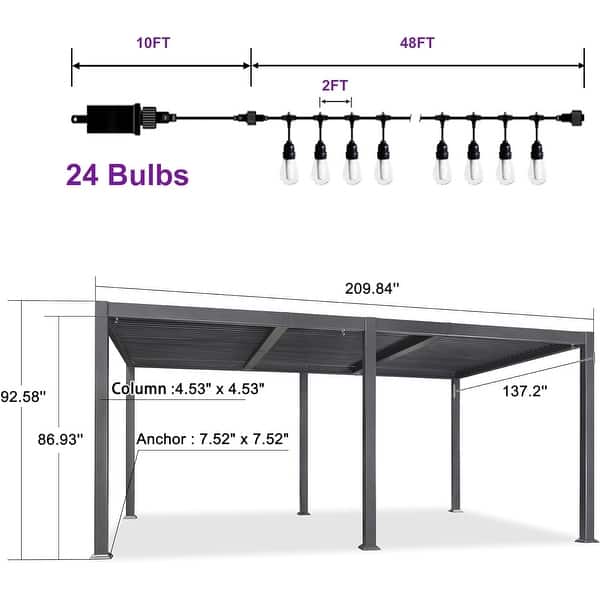 dimension image slide 14 of 36, PURPLE LEAF Outdoor Louvered Pergola with Adjustable Metal Roof for Patio Pergola