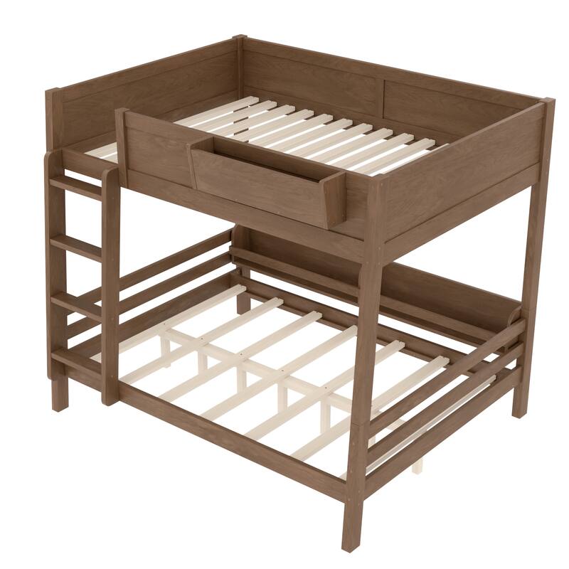 Wood Bunk Bed with Storage Shelves and Bookshelf, Ladder & Guardrails, Detachable Design