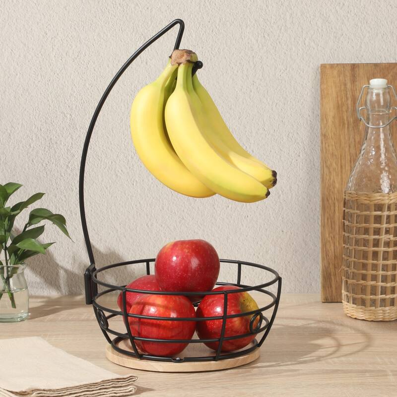 Gibson Home Fruit Basket Bowl with Banana Hanger - Black Metal Wire & Rubberwood Base - Countertop Produce Stand for Fruits