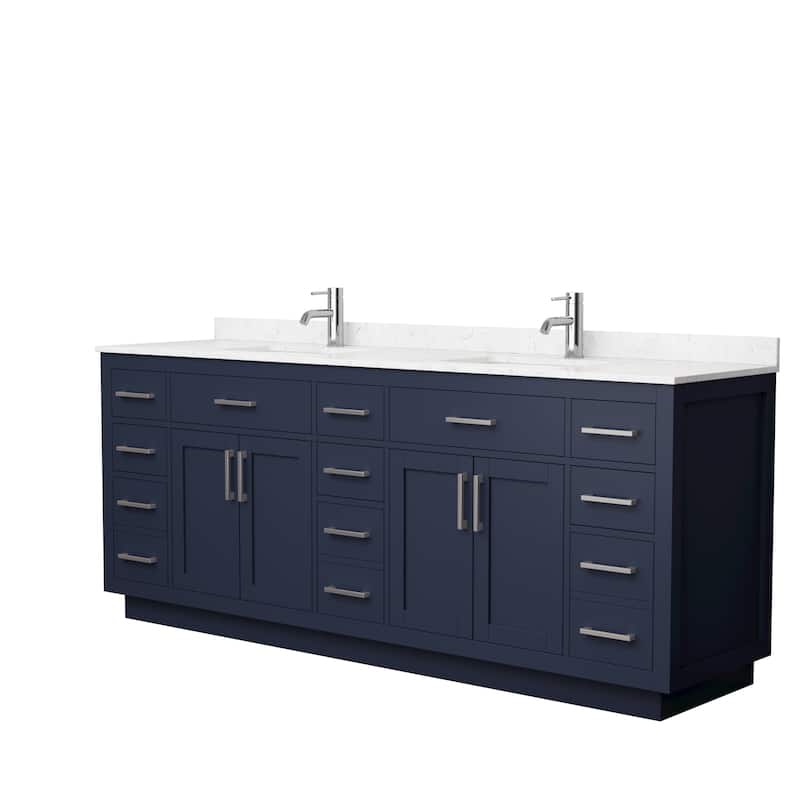 Beckett TK 84-inch Double Vanity, Cultured Marble Top - Dark Blue, Nickel Trim,Carrara Cultured Marble Top