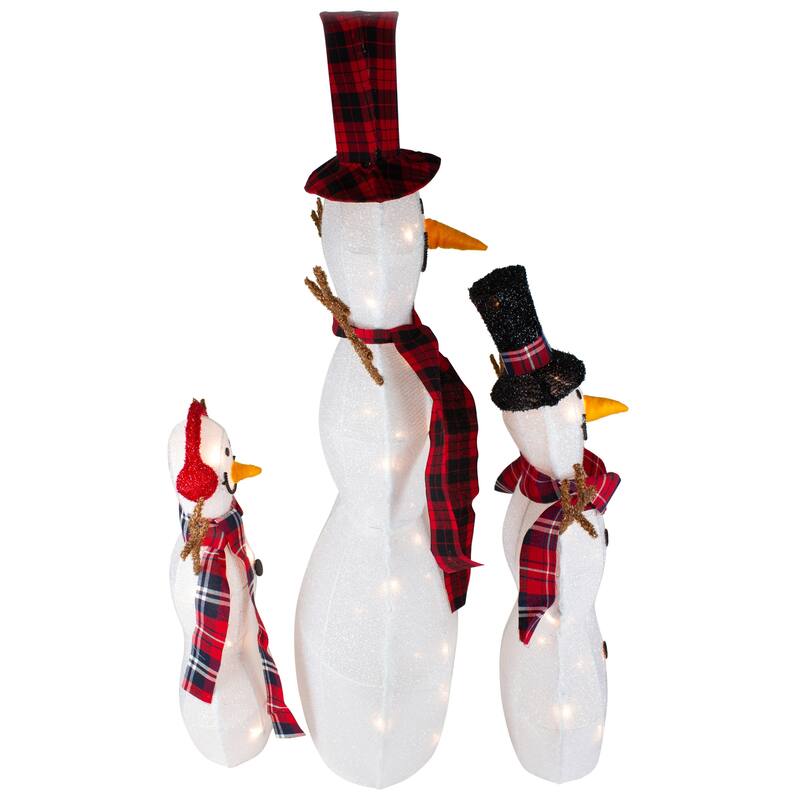 Lighted Tinsel Snowmen Family Christmas Outdoor Decorations - Clear Lights - Set of 3 - White