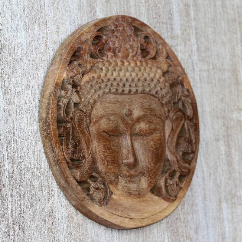 Novica Handmade Berry Buddha Wood Relief Panel