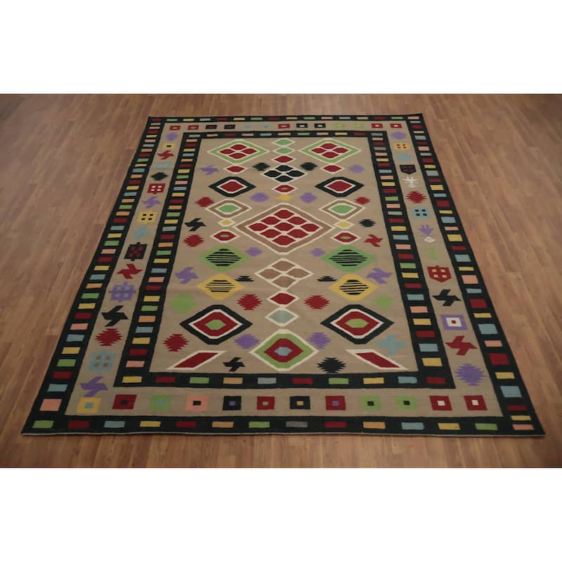 Hand Woven Oriental 100% Wool Carpet Southwestern Tribal Brown Kilim Area Rug - 10' 5'' X 8' 6''