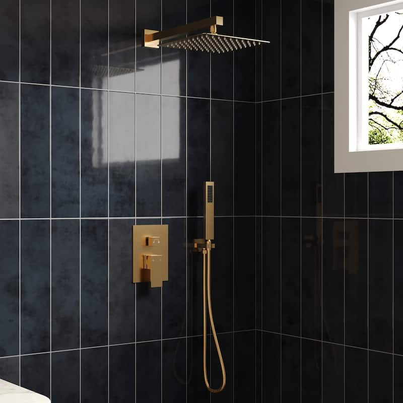 GRANDJOY Shower System 10" High Pressure Rainfall Shower Head with Handheld Spray Combo - Brushed Gold