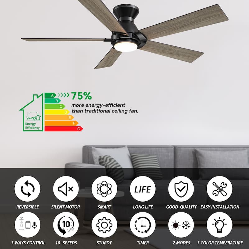 CARRO Joule 52" 5-Blade Smart Ceiling Fan with Light and Remote-Flush Mount