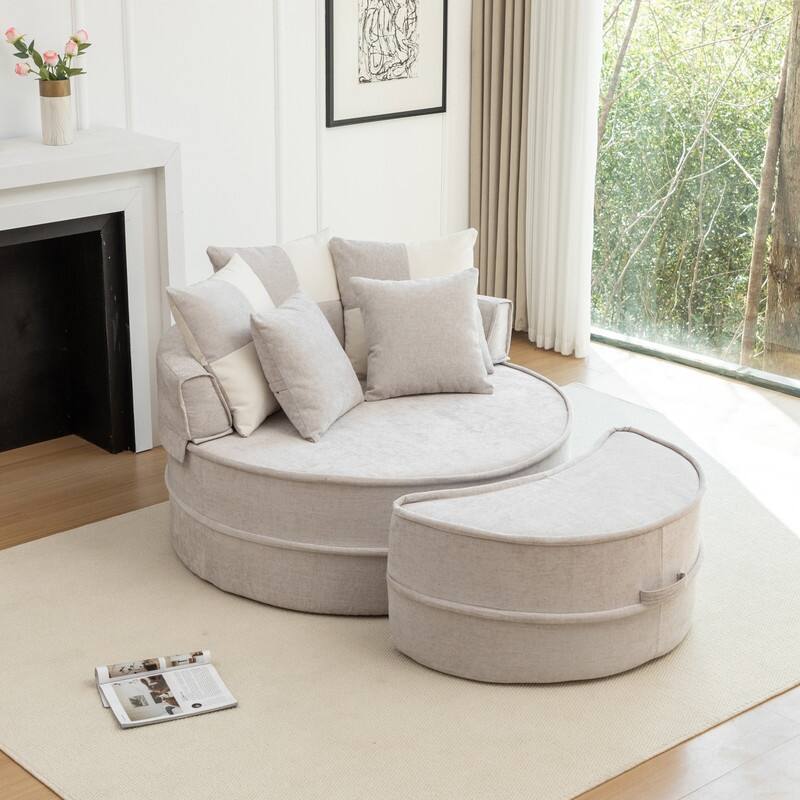 47.63" Round Lazy Fully Compression Sofa, Chenille, with Ottoman