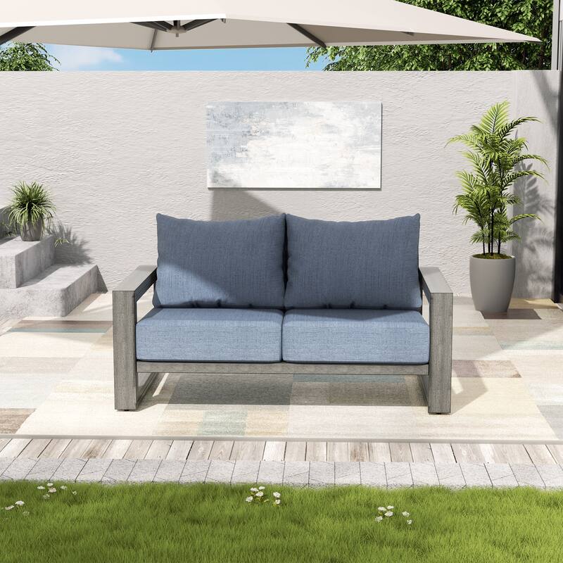 PureScape Hand-Painted Aluminum Outdoor Loveseat with Sunbrella Gray Cushions - Blue