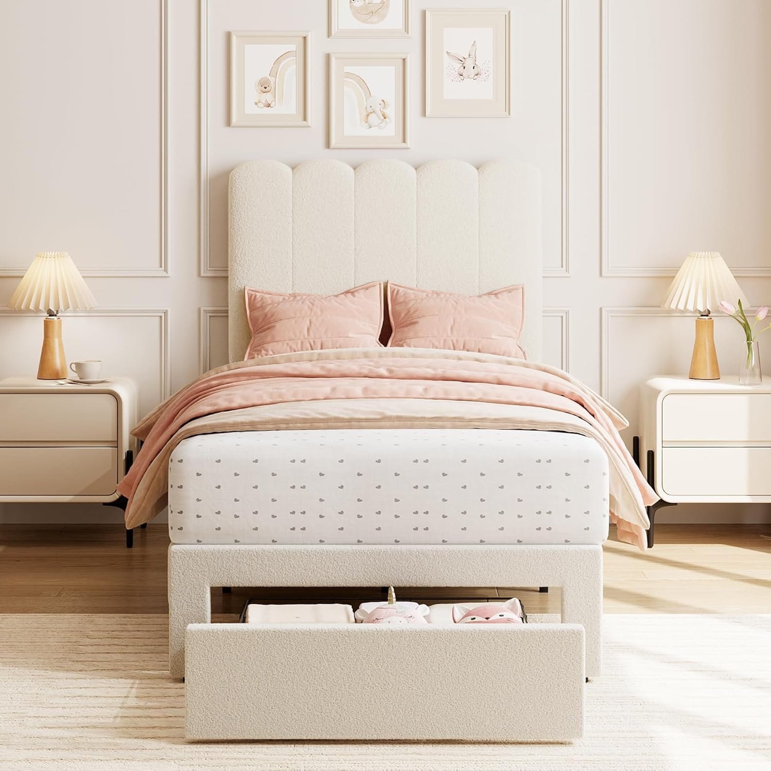 Upholstered Twin Bed Frame with Under-Bed Drawer, Wave Headboard, Wooden Slats, No Box Spring Needed, Boucle Beige