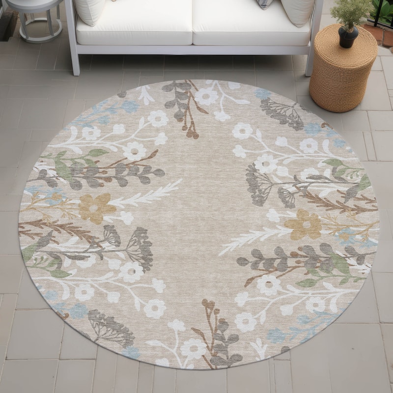 Machine Washable Indoor/ Outdoor Floral Border Chantille Rug - Beige - 8' x 8'