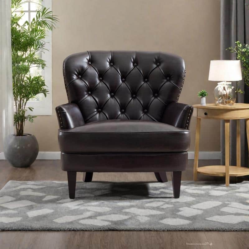 Polyester Vintage Lounge Chair with Nailhead Trim, Curved Backrest and 220lb Weight Capacity - Dark Brown