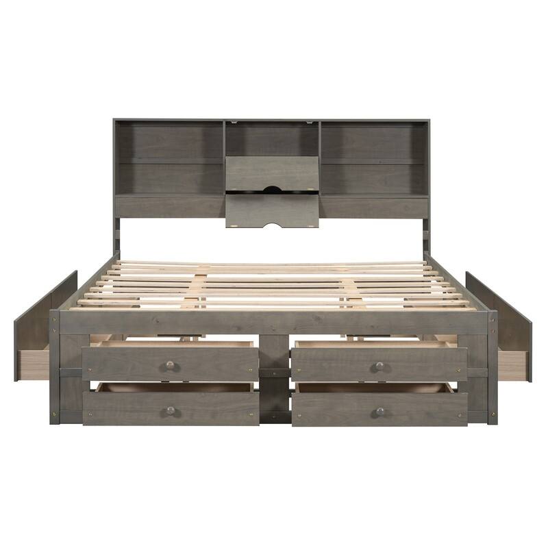 Queen Size Platform Bed with Storage Bookshelf and 8 Drawers