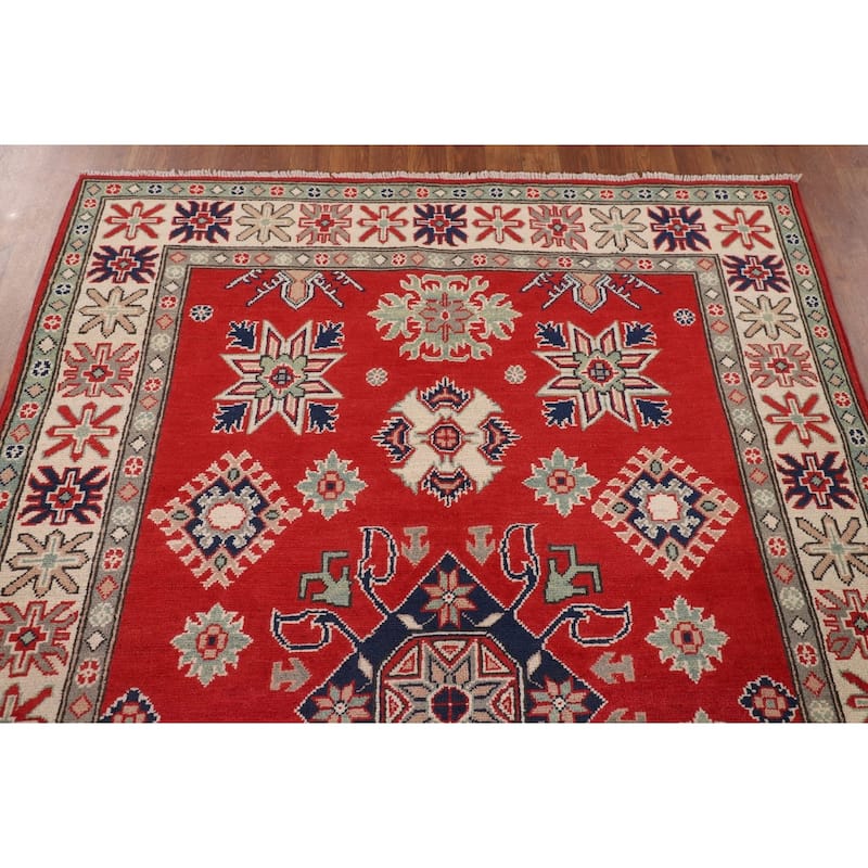 Red Geometric Kazak Area Rug Handmade Oriental Bedroom Wool Carpet - 4'10" x 6'5"