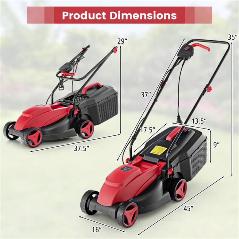10-AMP Electric Lawn Mower with 13" Cutting Width, Adjustable Heights & 25L Grass Collection Box - 45" x 16" x 35"