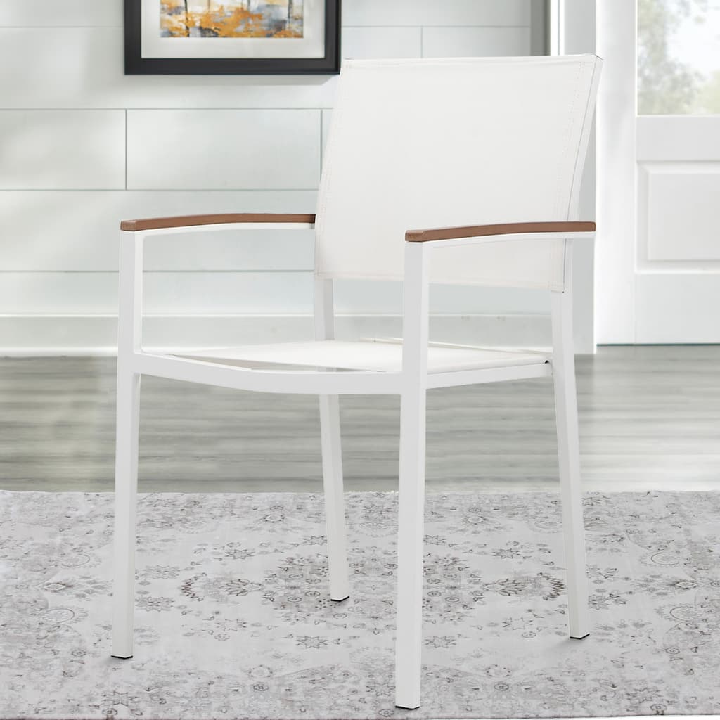Fifi 21 Inch Set of 6 Dining Chairs, Brown Armrests, White Textilene Fabric