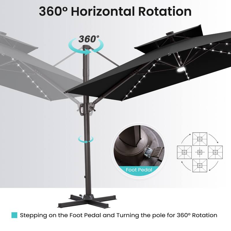 11 FT Square Outdoor Premium Double Top Solar Powered LED Patio Cantilever Umbrella