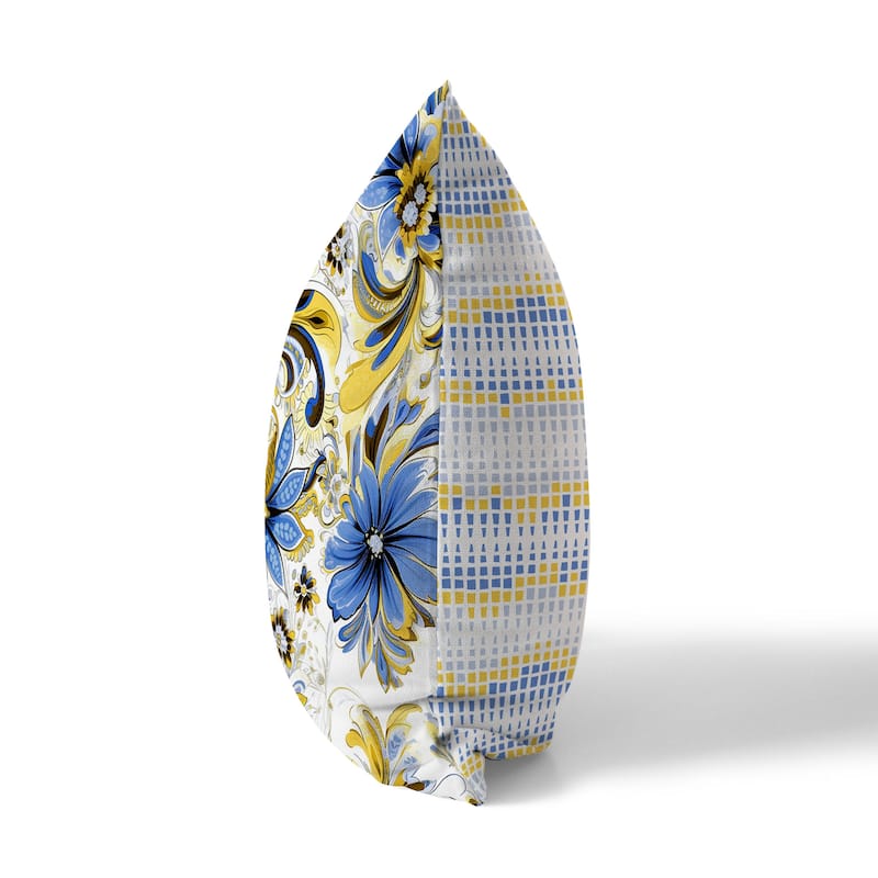 Yellow And Blue Wild Flora Fusion Indoor/Outdoor Throw Pillow Zipper