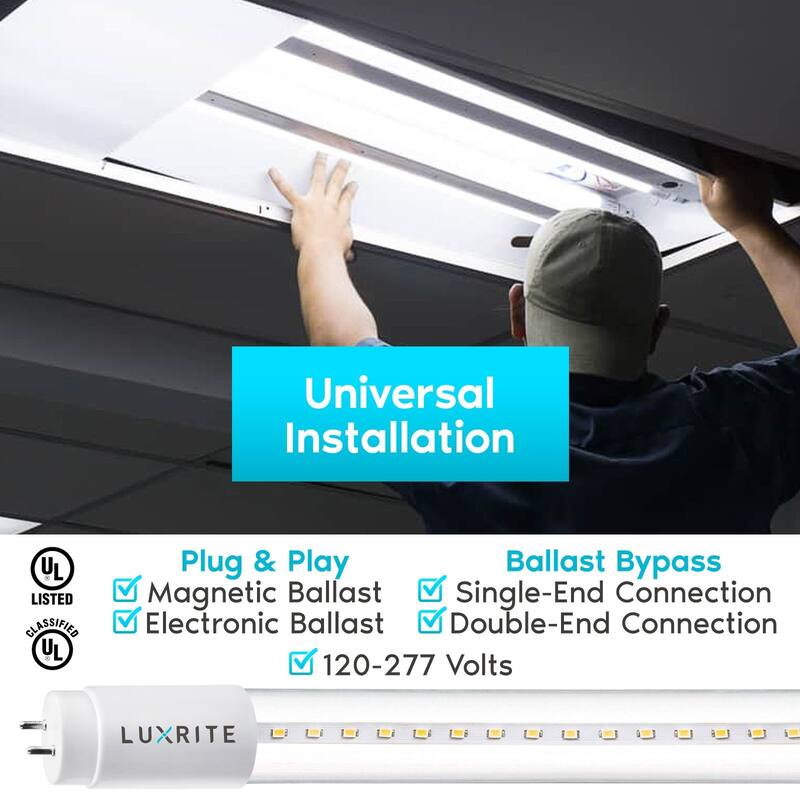 Luxrite 12-Pack 4FT T8 LED Tube Light Ballast and Ballast Bypass 13W=32W Single-End or Double-End Damp Rated UL Listed