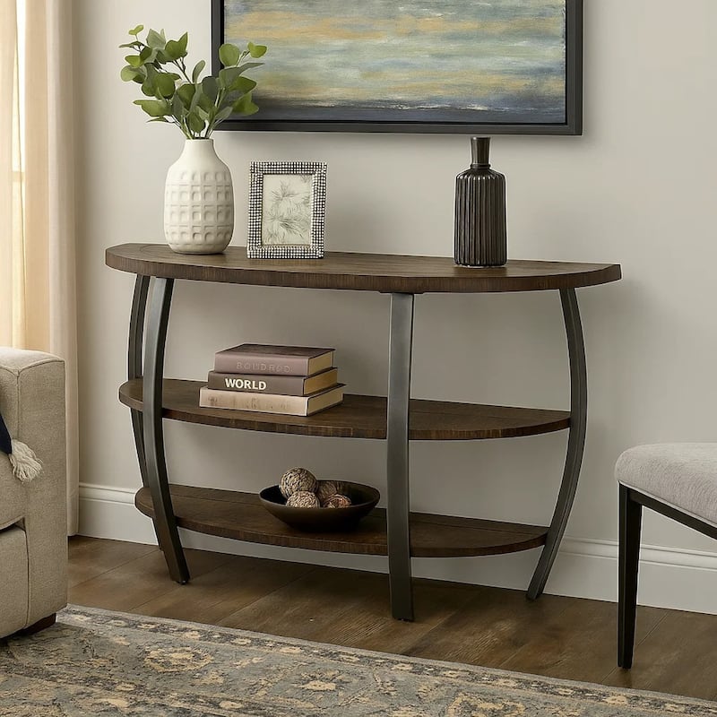 Flint Sofa Table w 2 Shelves, 52 Inch Semi Circle Top, Brown, Barrel
