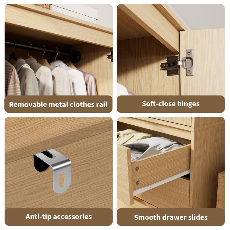 69.5" Armoire Wardrobe Closet with Rattan Doors, 3 Drawers & Hanging Rod, Wooden Storage Cabinet for Bedroom