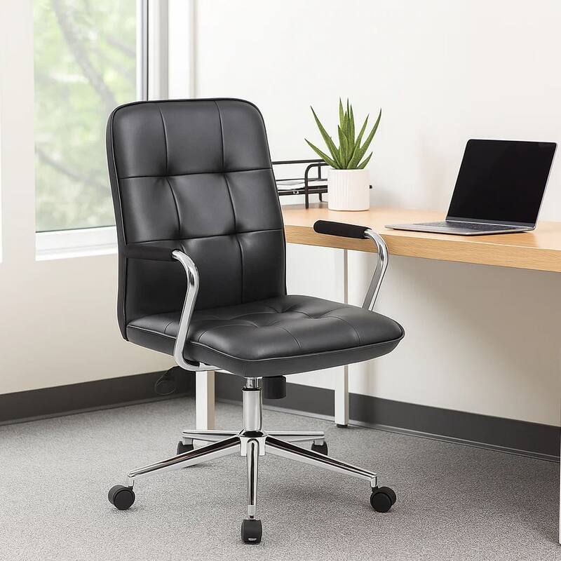 Sela Swivel Office Armchair, Tufted Black Seat & Back, Chrome Base